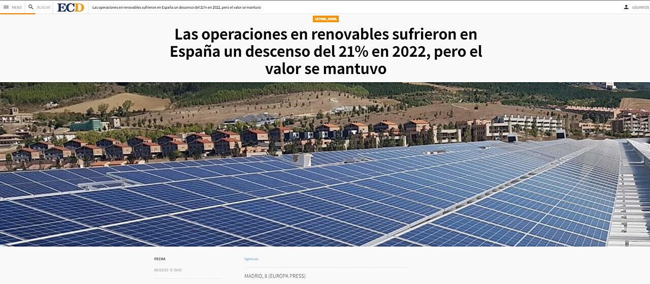 Las operaciones en renovables sufrieron en Espaa un descenso del 21% en 2022, pero el valor se mantuvo